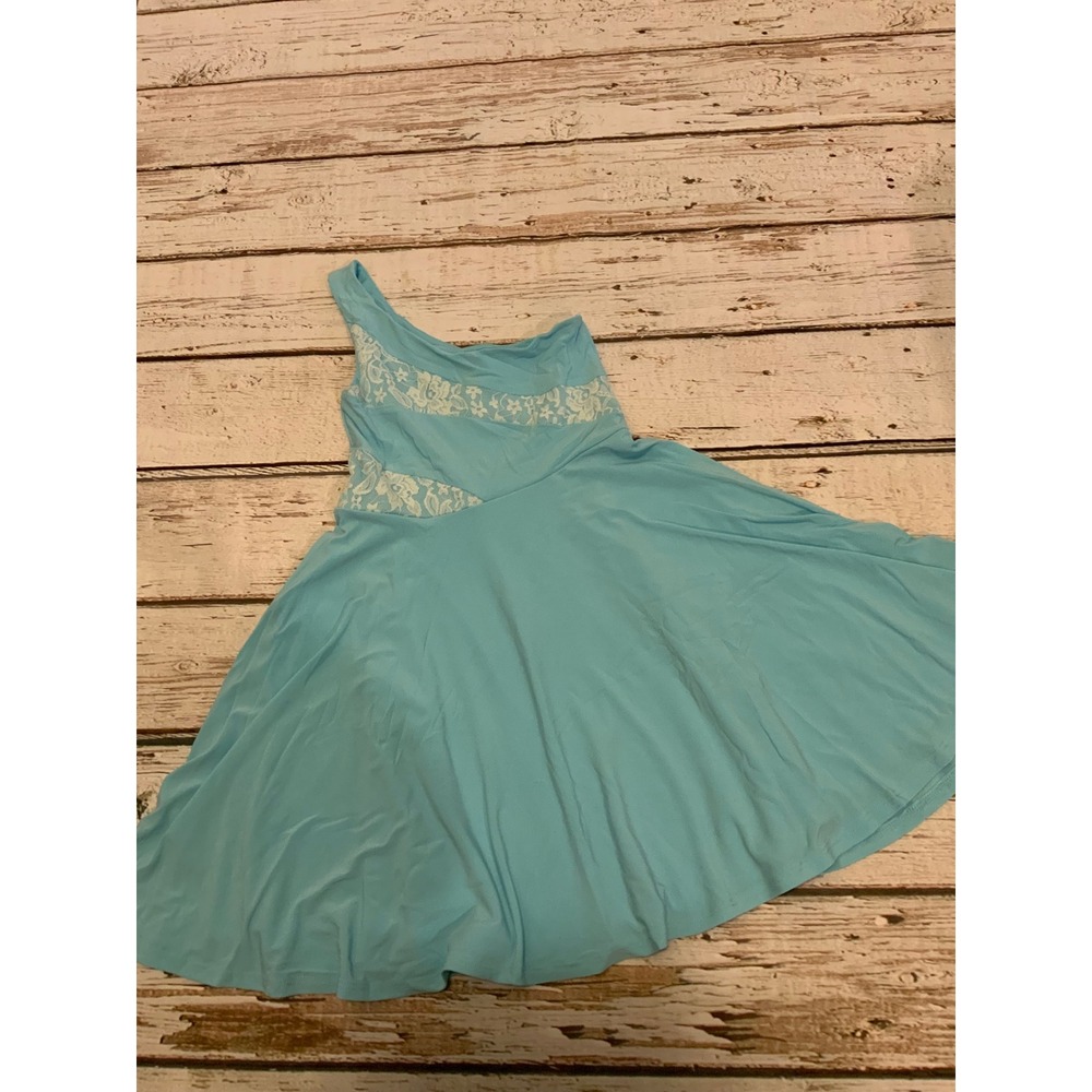 Un Deux Trois Girls Size 14 Aqua Blue One Shoulder Lace Skater Dress